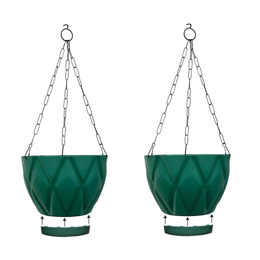 Garden Planters Wonderland | (Set Of 2) Hanging Solitaire Pot With Chain And Drain Base For Home Garden, Green