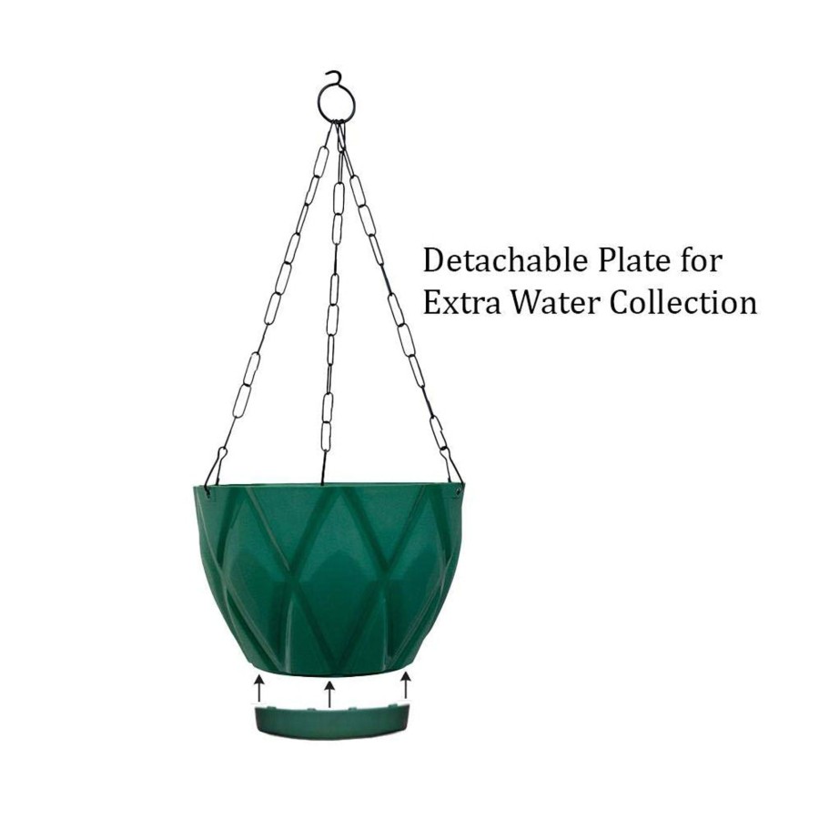 Garden Planters Wonderland | (Set Of 2) Hanging Solitaire Pot With Chain And Drain Base For Home Garden, Green