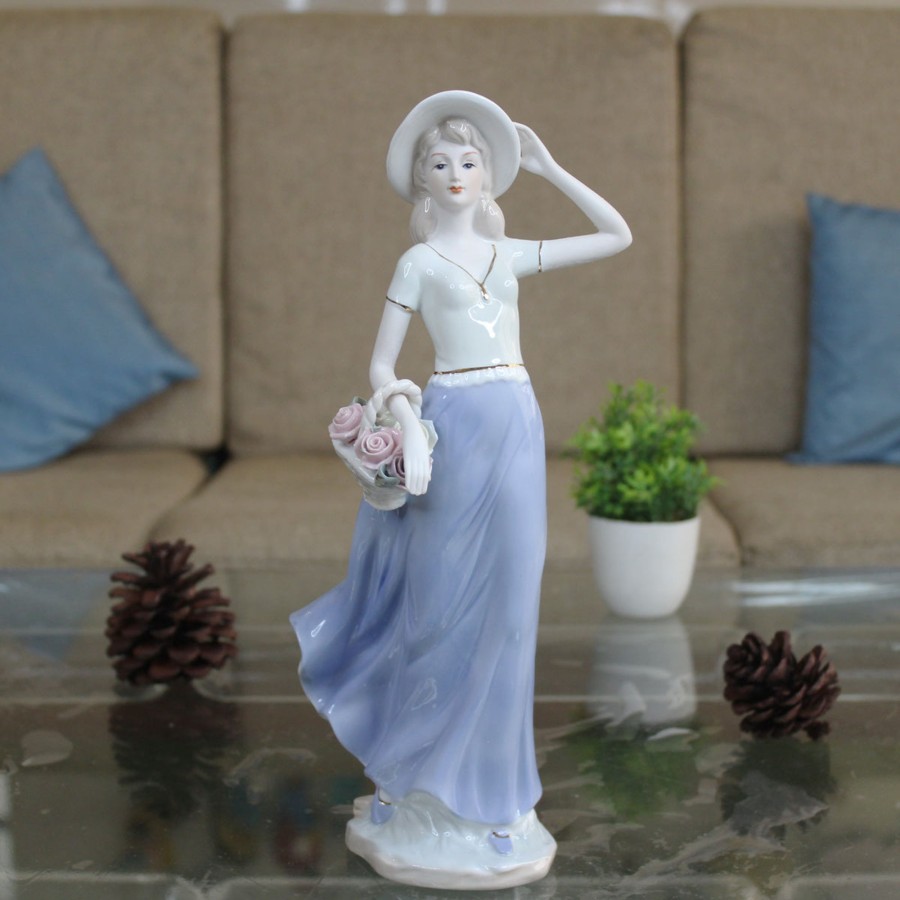 Home Decor Wonderland Human Figurine | Victoria Lady Fine Porcelain Figurine With Flower Basket, Center Piece