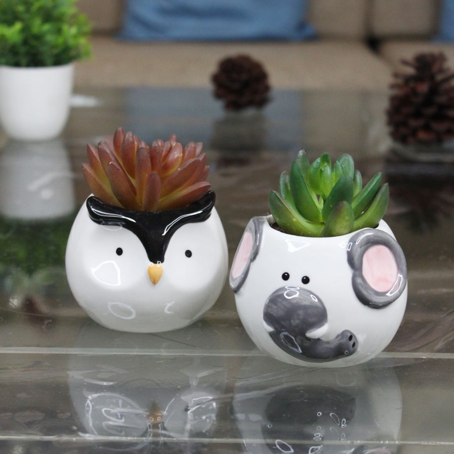 Garden Planters Wonderland | Imported Set Of 2 Ceramic Elephant And Penguin Small Size Plant Pot