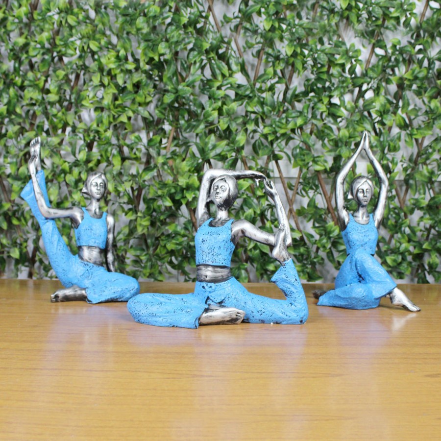 Home Decor Wonderland Table Top Decor | (Set Of 3) Big Blue And Silver Yoga Girl Statue