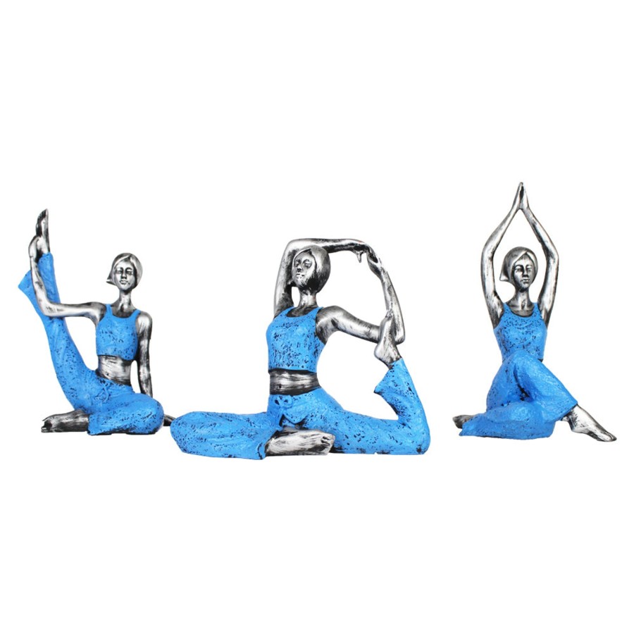 Home Decor Wonderland Table Top Decor | (Set Of 3) Big Blue And Silver Yoga Girl Statue