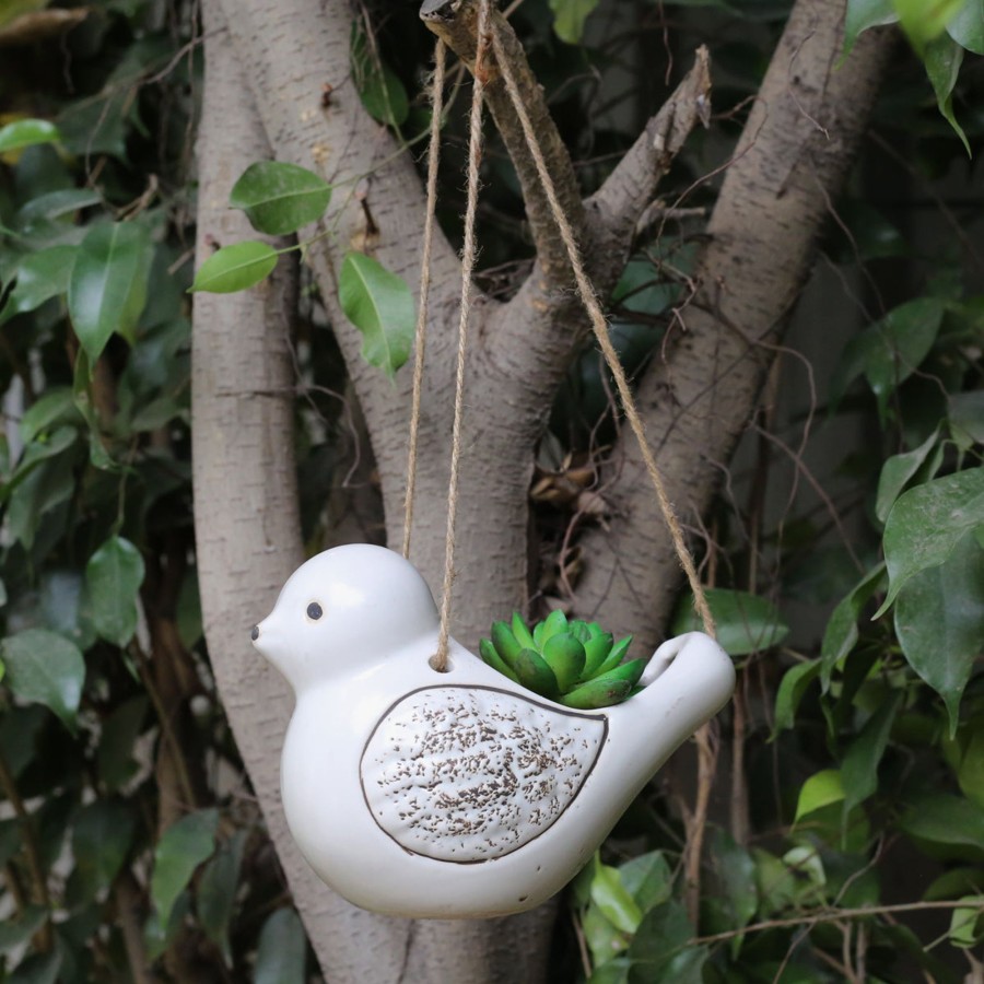 Garden Planters Wonderland | Ceramic Hanging Bird Pot For Home And Garden Decoration (White)